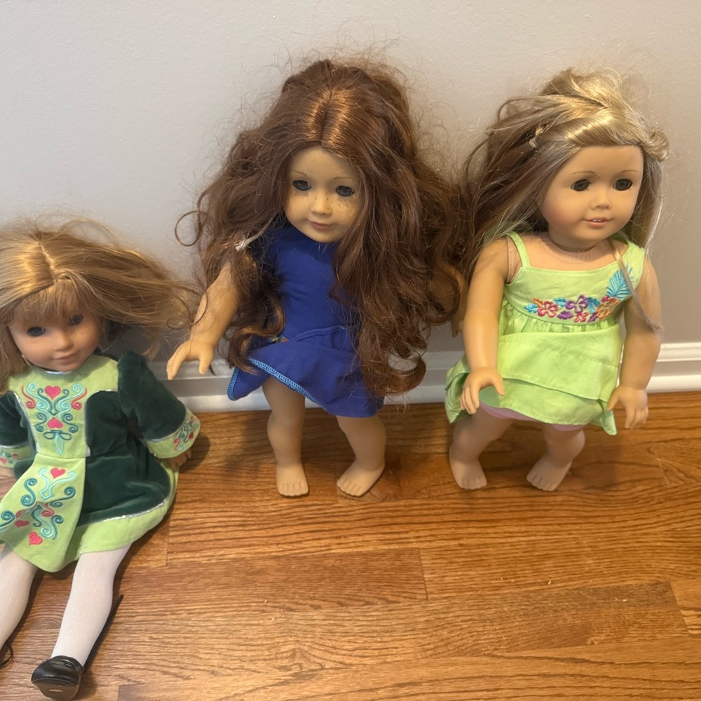 Set of Three AmErican Girl dollswith Green and Blue Dresses